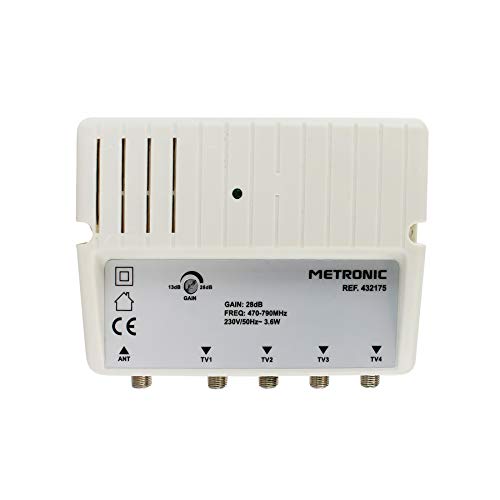 Metronic 432175 - Amplificador señal de Antena TV, Compatible 4G, 28dB, 4 Salidas con Toma F, Interior, Blanco