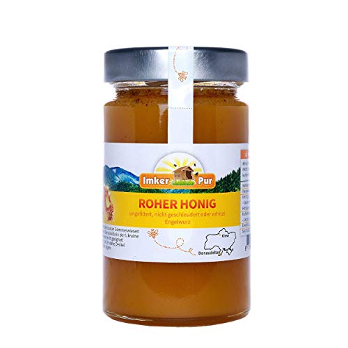 Miel cruda de ImkerPur, 400 g, sin filtrar, no centrifugada o calentada, contiene polen de flores, cera de abeja, propóleos, pan de abejas y jalea real