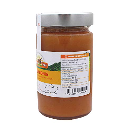 Miel cruda de ImkerPur, 400 g, sin filtrar, no centrifugada o calentada, contiene polen de flores, cera de abeja, propóleos, pan de abejas y jalea real
