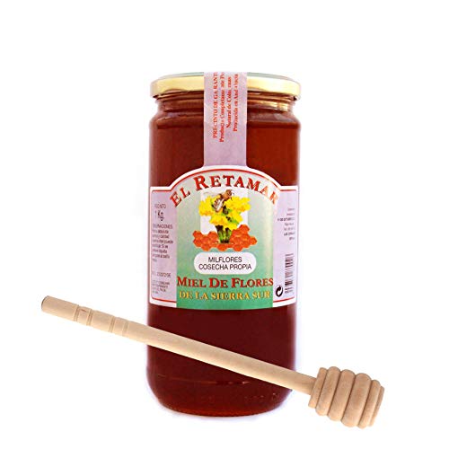 Miel de Abeja 100% Natural Hecha en España + Dispensador de Madera de Regalo. Tarro de 1kg de Miel de Mil Flores. Producción Artesanal sin Aditivos. Comercio de Cercanía