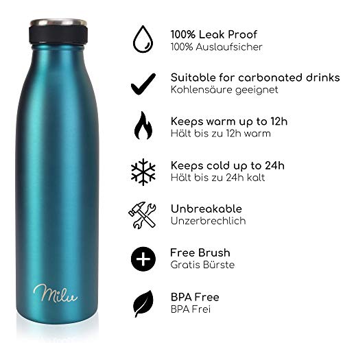 Milu Termo Botella de Agua 500ml, 750ml, 1l - Acero Inoxidable - Aislamiento de Vacío de Doble Pared - Libre BPA (Verde, 500ml)