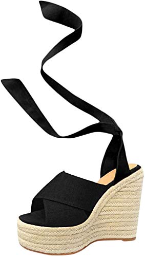 Minetom Sandalias Mujer Verano,Mujeres Pescado Boca Plataforma Tacones Altos Sandalias cuña Hebilla Sandalias de la inclinación Sandals Negro EU 38