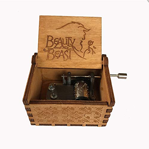 MINGZE Caja de música de Madera manivela, Pure Hand-Classical Music Box Hand-Wooden Music Box Creative Wooden Crafts Best Gifts, Variedad de Estilos (Beauty and The Beast（Wood Color）)