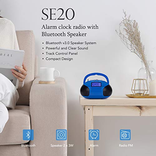 Mini Reproductor Bluetooth Inalámbrico 2 x 3W Hi-Fi August SE20 Radio FM Alarma Despertador con Lector USB SD Entrada AUX