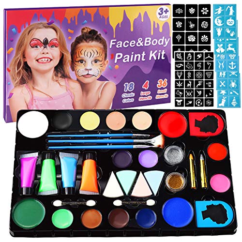 Minterest Halloween Maquillaje Pinturas para Niños, 14 Colores, Profesional, Seguro, No Tóxico, Lavable, Pintura Facial Corporal con 30 Plantillas, 36 Tatuajes, 2 Brillos para Niños, Adultos