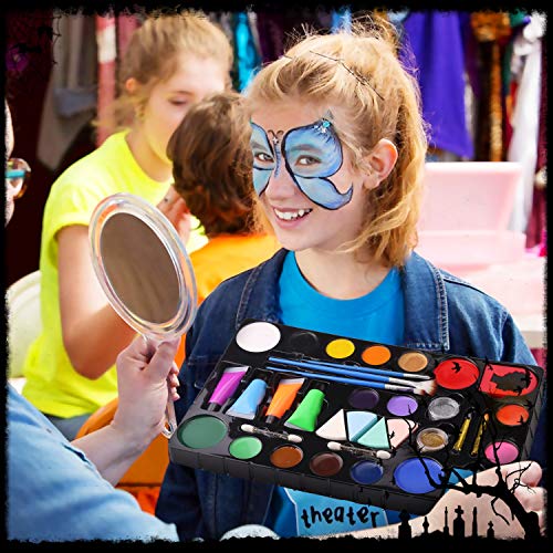 Minterest Halloween Maquillaje Pinturas para Niños, 14 Colores, Profesional, Seguro, No Tóxico, Lavable, Pintura Facial Corporal con 30 Plantillas, 36 Tatuajes, 2 Brillos para Niños, Adultos