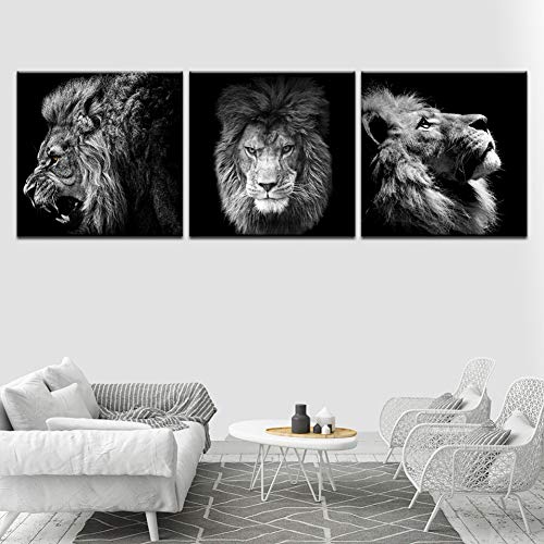 MMLFY 3 Cuadros consecutivos 40 cm x 40 cm 3 Piezas Moderno Distintivo Negro Blanco Animal Cara de león HD fotografía Arte Lienzo impresión Pintura Cartel Pared Cuadros decoración del hogar Arte