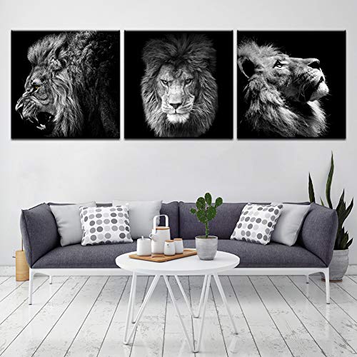 MMLFY 3 Cuadros consecutivos 40 cm x 40 cm 3 Piezas Moderno Distintivo Negro Blanco Animal Cara de león HD fotografía Arte Lienzo impresión Pintura Cartel Pared Cuadros decoración del hogar Arte