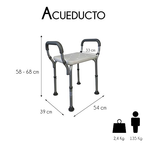 Mobiclinic, Acueducto, Silla/taburete de baño y ducha, ortopédica, aluminio, PVC, altura regulable, ayuda para baño para ancianos y discapacitados, ergonómico, reposabrazos, conteras antideslizantes