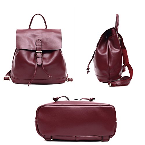 Mochilas Cuero para Mujer Casual Vino Rojo Grande Mochila de Piel Auténtica de Cuerdas Bolso Bandolera de Moda Urbana Escolar Universidad Chica Adolescentes