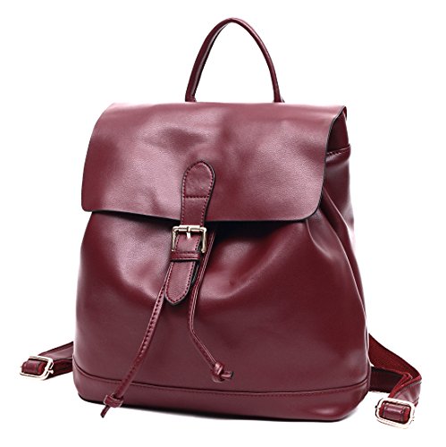Mochilas Cuero para Mujer Casual Vino Rojo Grande Mochila de Piel Auténtica de Cuerdas Bolso Bandolera de Moda Urbana Escolar Universidad Chica Adolescentes
