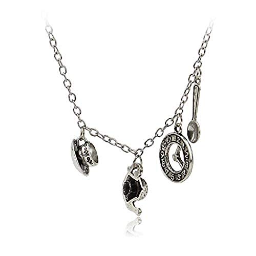 Moda Alicia en el país de Las Maravillas Collar Tetera con Taza de té Reloj Conejo Charm Colgante Collar