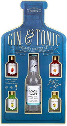 Modern Gourmet Foods, Set de Regalo Gin and Tonic Mixology Cocktail, Incluye 4 Mezcladoras de Cóctel: Frambuesa, Flor de Rosa, Lima, Flor de Saúco, y Agua de Tónica (no contiene alcohol)
