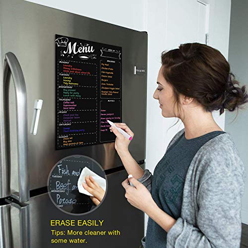 MoKo Planificador de Frigorífico Magnético para Cocina Refrigerador con 6 Lápiz Colorido, 16"x12" Planificador Semanal del Menú para Lista de Compra y Recordario - Negro