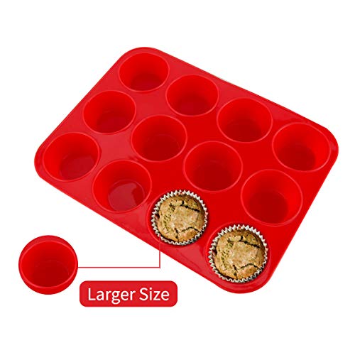 Molde de Silicona Grande para 12 Magdalenas, Bandejas para Hornear Muffin con Recubrimiento Antiadherente para Muffins, Cupcake, Brownie, Budín 33 x 25x 3 cm (Rojo)