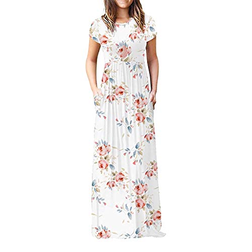 MOMOXI Vestido de Verano con Cuello en V de Moda para Mujer Vestido Casual con Estampado Floral de Dama Bohemia Casual Color Sólido Cuello Redondo Manga Corta Estampado Vintage Falda Grande