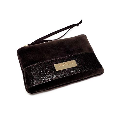 Monedero Pertegaz Velvet Marrón Terciopelo Franja Piel Chapa Dorada Cierre Cremallera Tira Tela