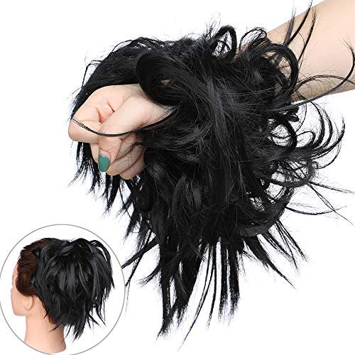 Moño Postizo Pelo Sintético Se Ve Natural Postizos de Pelo Recogido Elegante Coletero Peinado Extensiones de Cabello Rizado Corto Voluminoso Coleta Postiza (Negro Intenso)