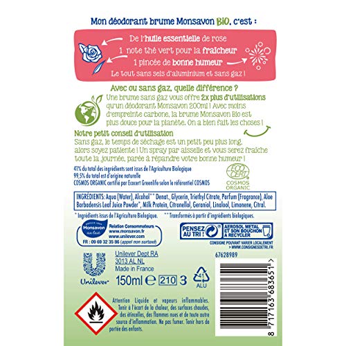 Monsavon Déodorant Bio Femme Spray Soupçon de Thé Vert, sans Alcool, sans Gaz 150ml