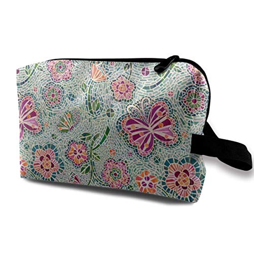 Mosaico de Flores y Mariposas (tamaño pequeño) Bolsa de Maquillaje para Mujeres Estuche de lápices Artículos de tocador Joyas Mujeres Niñas Gris Claro