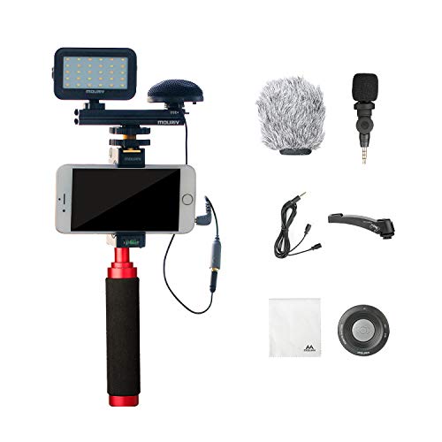 Mouriv PV-2 Kit de video para smartphone con Grip Rig, micrófono omnidireccional, luz LED y control remoto inalámbrico para YouTube Vlogging Facebook para iPhone 6, 7, 8, X, XS, Samsung Galaxy Phone