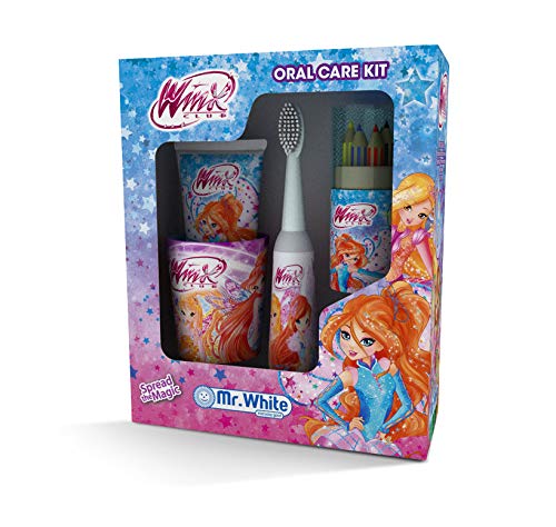 MR WHITE -WINX - Set de regalo - higiene dental compuesto por: cepillo de dientes a pilas, pasta de dientes sabor a frutas, vaso y juego de lápices de colores