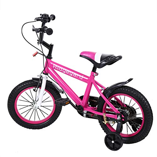 MuGuang 14 Pulgadas Bicicleta Infantil Estudio Aprendizaje Montar a Caballo Bicicleta niños niñas Bicicleta con ruedines con Campana por 3-8 años (Rosa Rojo)