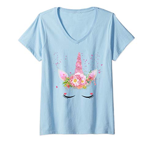 Mujer Cute Unicorn Face Shirt,Valentines Day Pink Love Heart Print Camiseta Cuello V