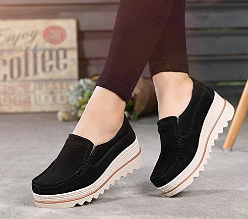 Mujer Mocasines Plataforma Casual Loafers Primavera Verano Zapatos de Cuña 5cm Negro Azul Caqui 35-42 Negro 39