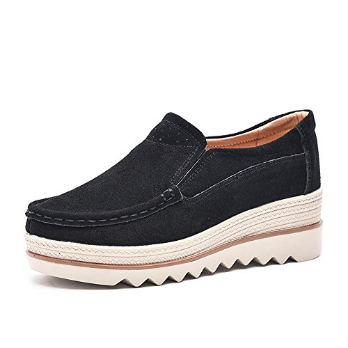 Mujer Mocasines Plataforma Casual Loafers Primavera Verano Zapatos de Cuña 5cm Negro Azul Caqui 35-42 Negro 39