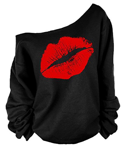 Mujeres Otoño Invierno Elegante Camisetas Suéter Fuera del Hombro Labios Rojos Impresas Sudaderas Pulóver Manga Larga Jerséis Tops Sweatshirt