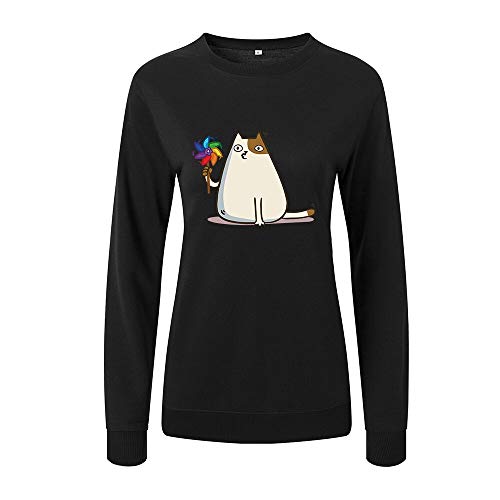 Mujeres Sudaderas Sudaderas Tops Mujer Casual Jerséis Gato Molino de viento impresión Sudadera Primavera Otoño Sudadera con capucha Pullover