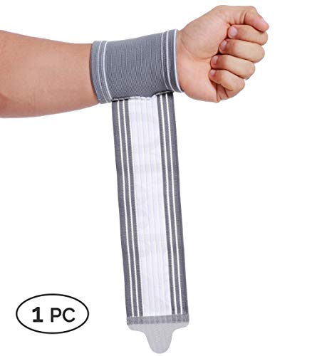Muñequera ancha de sujeción (1 Unidad) - Tejido ligero, elástico y transpirable - Tira de compresión ajustable - Marca Neotech Care - Gris (Talla M)