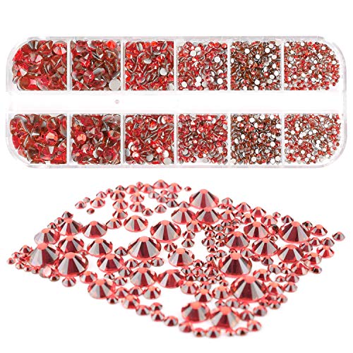 MWOOT 2000 Piezas Piedras de Uñas, Diamantes de Imitación para Arte de Uñas (2-5MM), Kits de Decoración para Manicura con Pinza y Lapiz, Piedras de Cristal para Arte de Cara - Rojo Rhinestone