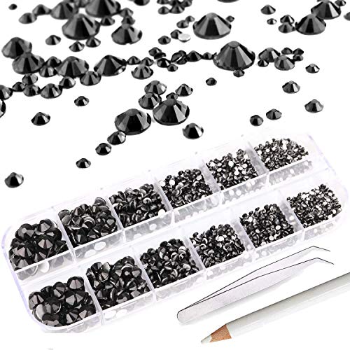 MWOOT 2000 Piezas Piedras de Uñas, Diamantes de Imitación para Arte de Uñas (2-5MM), Kits de Decoración para Manicura con Pinza y Lapiz, Piedras de Cristal para Arte de Cara - Negro Rhinestone