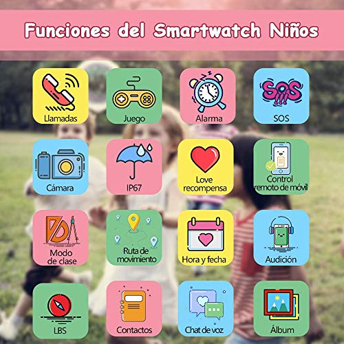 NAIXUES Smartwatch Niños, Reloj Inteligente Niño IP67, Reloj niños con Juego, Hacer Llamada, Chat de Voz, Localizador LBS, SOS, Despertador, Modo de Clase, Cámara, Regalo para niños de 3-12 años