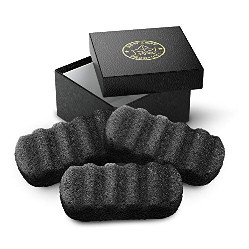 Natural Tratamiento para el acné, psoriasis, Bumpy o escamosa, erupción afeitado, pelos encarnados – 3PK tamaño de cuerpo de konjac de carbón esponjas con gancho – nuevos productos de hojas