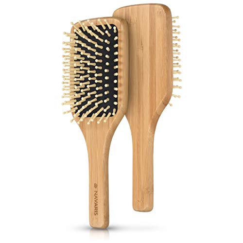 Navaris Cepillo de bambú para el pelo - Peine de madera con cerdas naturales para masaje capilar - Cepillo antiestático cuadrado - Peine ecológico