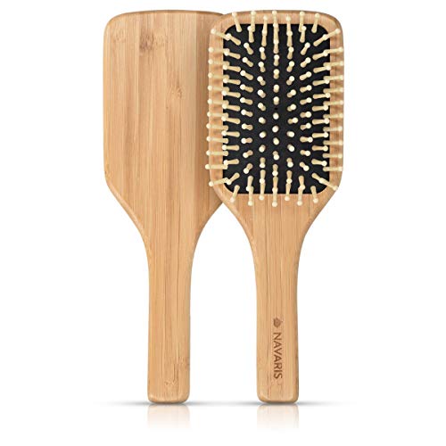 Navaris Cepillo de bambú para el pelo - Peine de madera con cerdas naturales para masaje capilar - Cepillo antiestático cuadrado - Peine ecológico