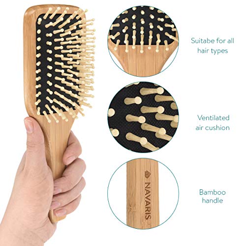 Navaris Cepillo de bambú para el pelo - Peine de madera con cerdas naturales para masaje capilar - Cepillo antiestático cuadrado - Peine ecológico