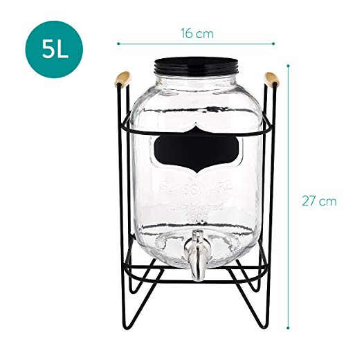 Navaris Dispensador de Bebidas con Grifo - Recipiente de Vidrio de 5 L - Botella de Cristal con Base y Cierre Giratorio - Garrafa con dosificador