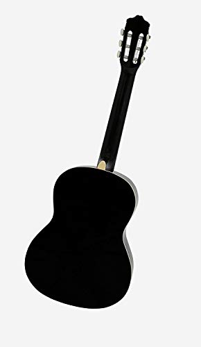 NAVARRA NV14PK - Guitarra acustica STARTER PACK 3/4 negro con bordes crema, Cliptuner pantalla LCD de aguja con iluminación de fondo, 2 Púa