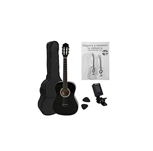 NAVARRA NV14PK - Guitarra acustica STARTER PACK 3/4 negro con bordes crema, Cliptuner pantalla LCD de aguja con iluminación de fondo, 2 Púa
