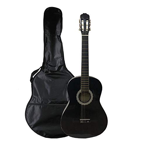 NAVARRA NV14PK - Guitarra acustica STARTER PACK 3/4 negro con bordes crema, Cliptuner pantalla LCD de aguja con iluminación de fondo, 2 Púa