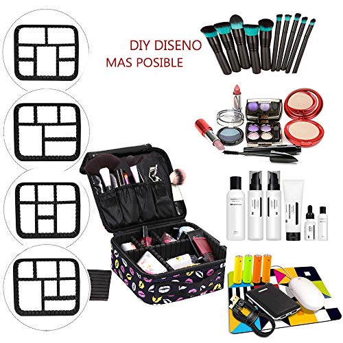 Neceser Maquillaje Impermeable Bolsa de Maquillaje Organizador A Brochas de Maquillaje Estuches Portatil Cosmeticos Bolsa Neceser De Viaje(Violeta con patron labios)