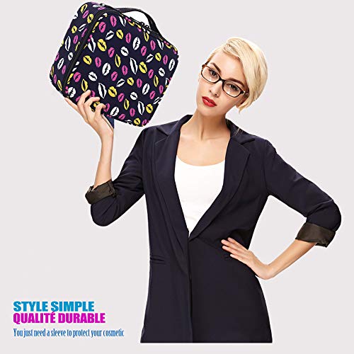 Neceser Maquillaje Impermeable Bolsa de Maquillaje Organizador A Brochas de Maquillaje Estuches Portatil Cosmeticos Bolsa Neceser De Viaje(Violeta con patron labios)