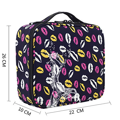 Neceser Maquillaje Impermeable Bolsa de Maquillaje Organizador A Brochas de Maquillaje Estuches Portatil Cosmeticos Bolsa Neceser De Viaje(Violeta con patron labios)