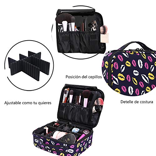 Neceser Maquillaje Impermeable Bolsa de Maquillaje Organizador A Brochas de Maquillaje Estuches Portatil Cosmeticos Bolsa Neceser De Viaje(Violeta con patron labios)