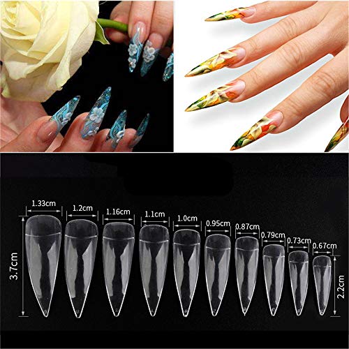 NiceMeet 500 Piezas Largo Puntas de Uñas Postizas de Stiletto de Transparente - Artificial de Acrílico de Falso Uñas Clavo Para Familia de Bricolaje o Uso Profesional del Salón - Flase Nails