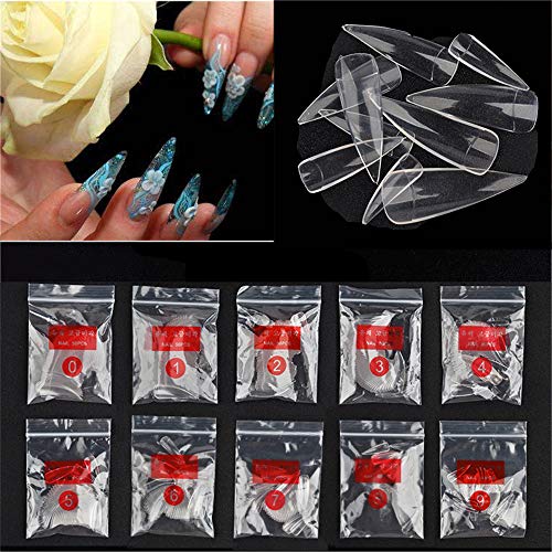 NiceMeet 500 Piezas Largo Puntas de Uñas Postizas de Stiletto de Transparente - Artificial de Acrílico de Falso Uñas Clavo Para Familia de Bricolaje o Uso Profesional del Salón - Flase Nails